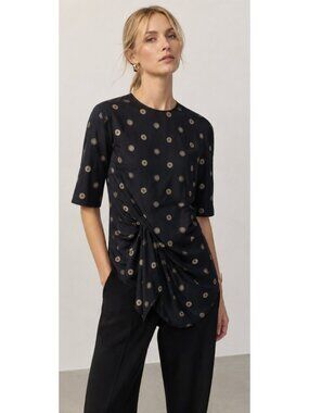 STELLA MCCARTNEY Silk Blend Knot Front Asymmetric Blouse Top Navy Blue Luxury